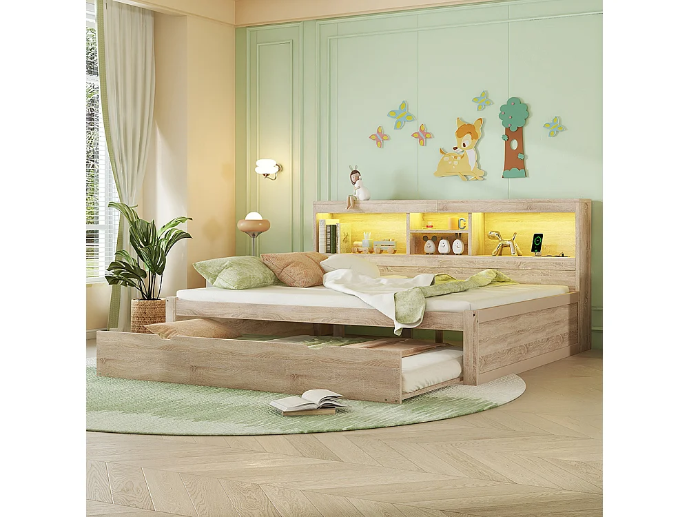 Lit gigogne 140x200 éclairage d'ambiance télécommandé compartiment de rangement côté lit prise+USB Naturel