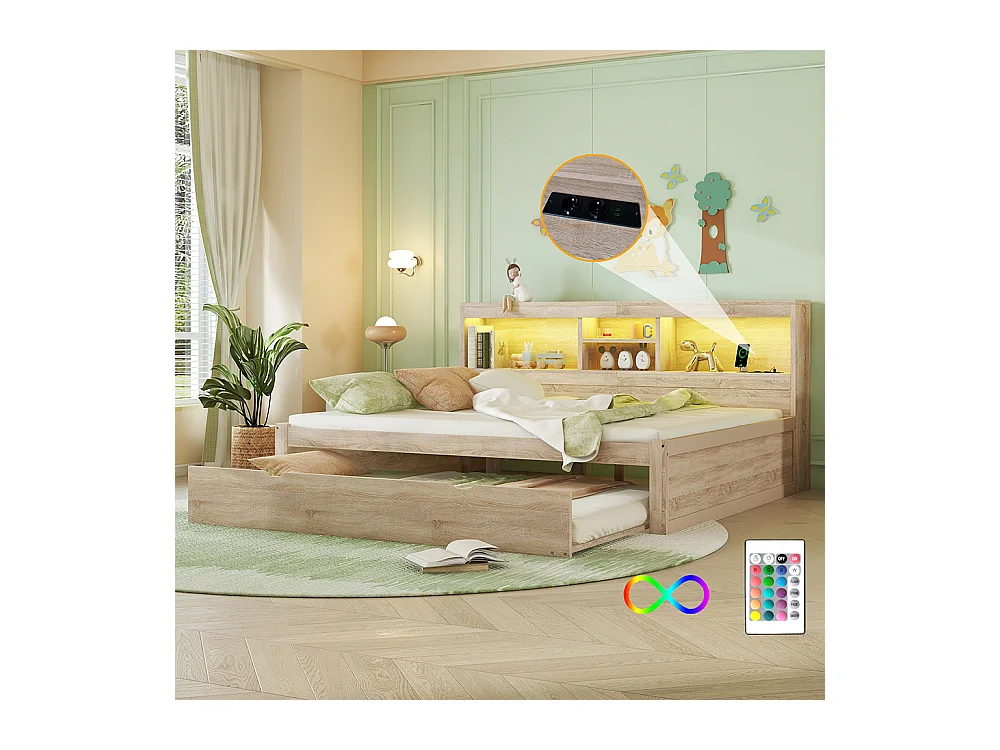 Lit gigogne 140x200 éclairage d'ambiance télécommandé compartiment de rangement côté lit prise+USB Naturel