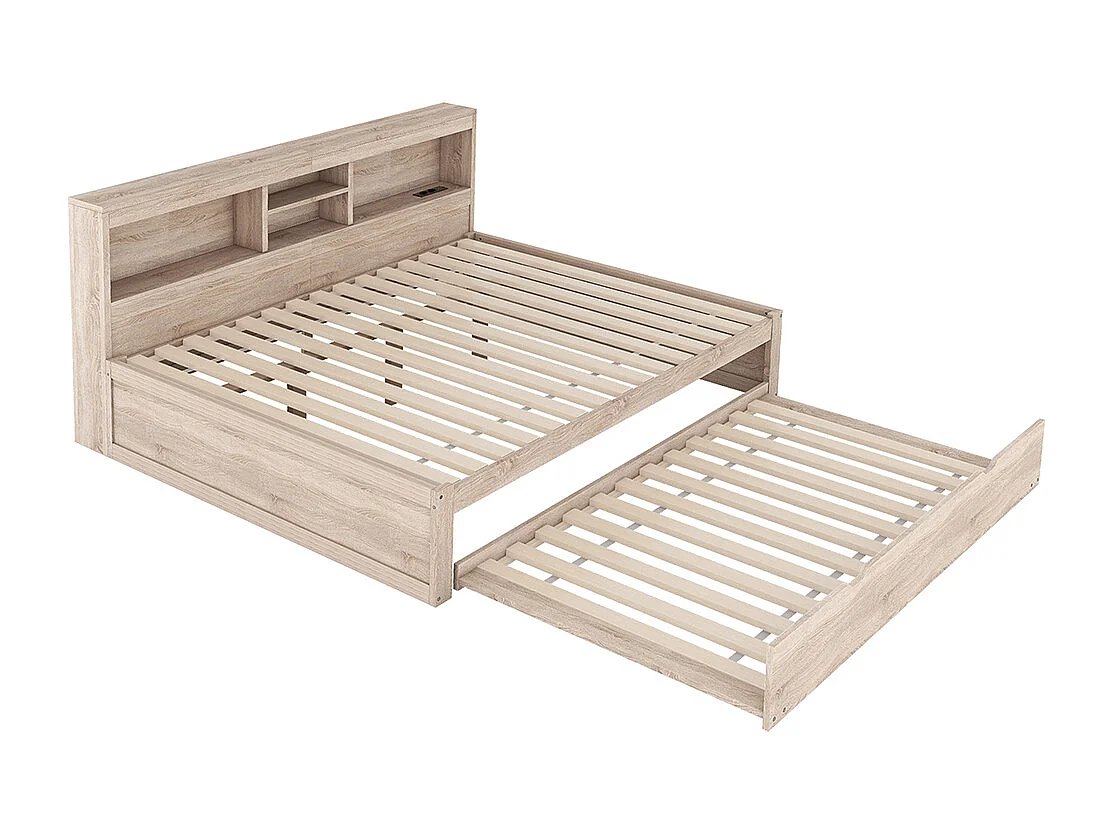 Lit gigogne 140x200 éclairage d'ambiance télécommandé compartiment de rangement côté lit prise+USB Naturel