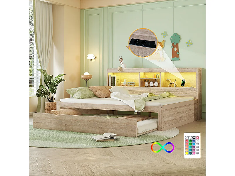 Lit gigogne 140x200 éclairage d'ambiance télécommandé compartiment de rangement côté lit prise+USB Naturel
