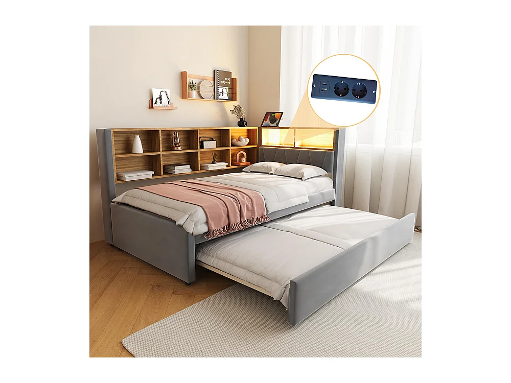 Lit gigogne 90x200 et 90x190 avec prise USB et nombreux compartiments de rangement lit rembourré multifonction Gris foncé