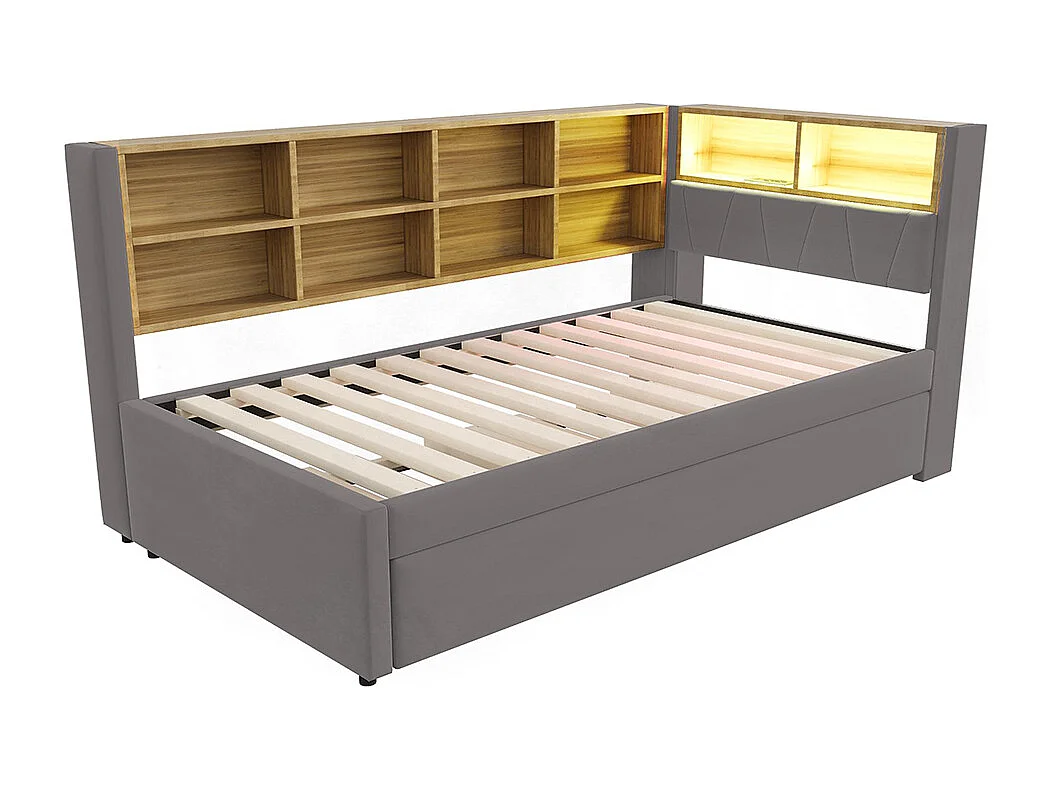 Lit gigogne 90x200 et 90x190 avec prise USB et nombreux compartiments de rangement lit rembourré multifonction Gris foncé