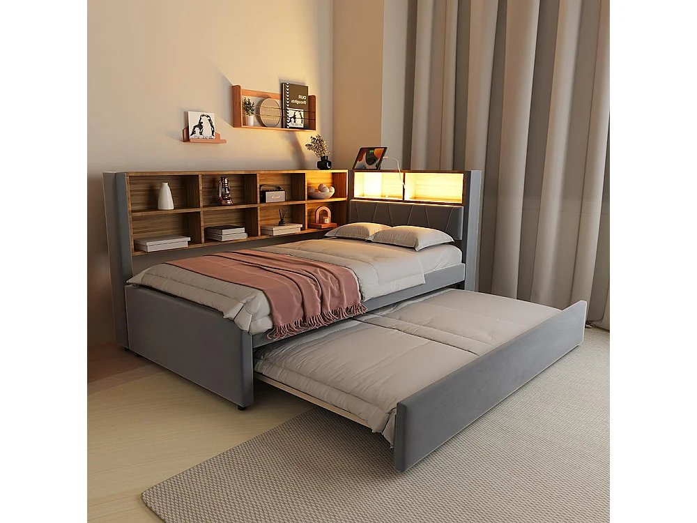Lit gigogne 90x200 et 90x190 avec prise USB et nombreux compartiments de rangement lit rembourré multifonction Gris foncé
