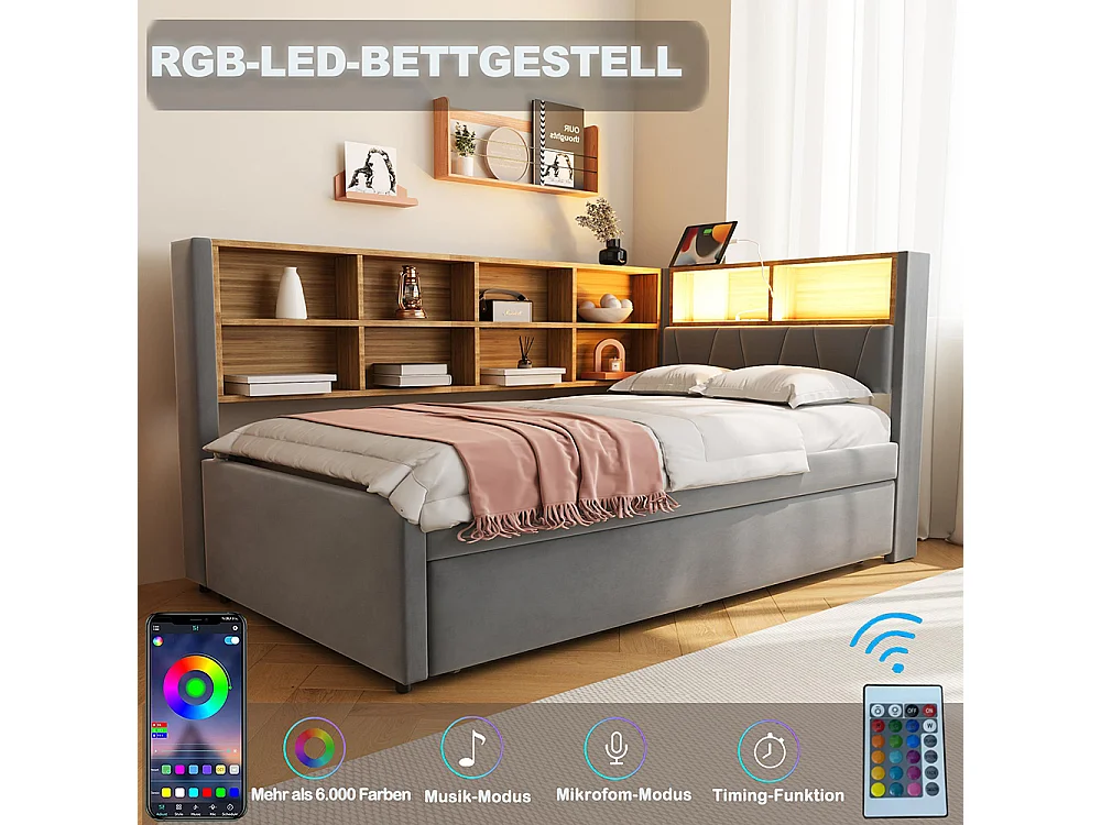 Lit gigogne 90x200 et 90x190 avec prise USB et nombreux compartiments de rangement lit rembourré multifonction Gris foncé