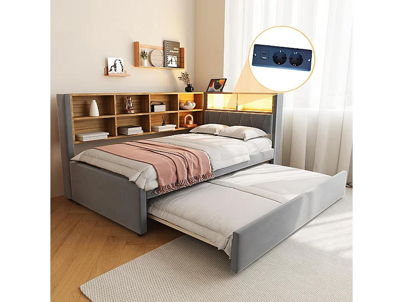 Lit gigogne 90x200 et 90x190 avec prise USB et nombreux compartiments de rangement lit rembourré multifonction Gris foncé