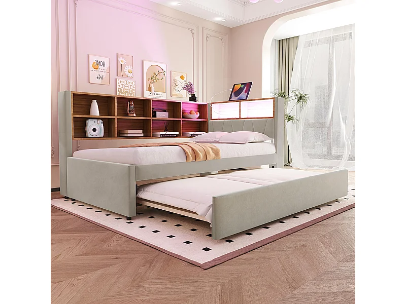 Lit gigogne 90x200 et 90x190 avec prise USB et nombreux compartiments de rangement lit rembourré multifonction Gris clair