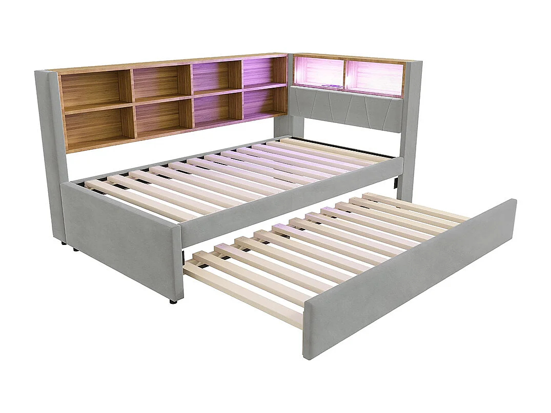 Lit gigogne 90x200 et 90x190 avec prise USB et nombreux compartiments de rangement lit rembourré multifonction Gris clair