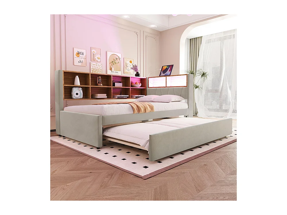Lit gigogne 90x200 et 90x190 avec prise USB et nombreux compartiments de rangement lit rembourré multifonction Gris clair