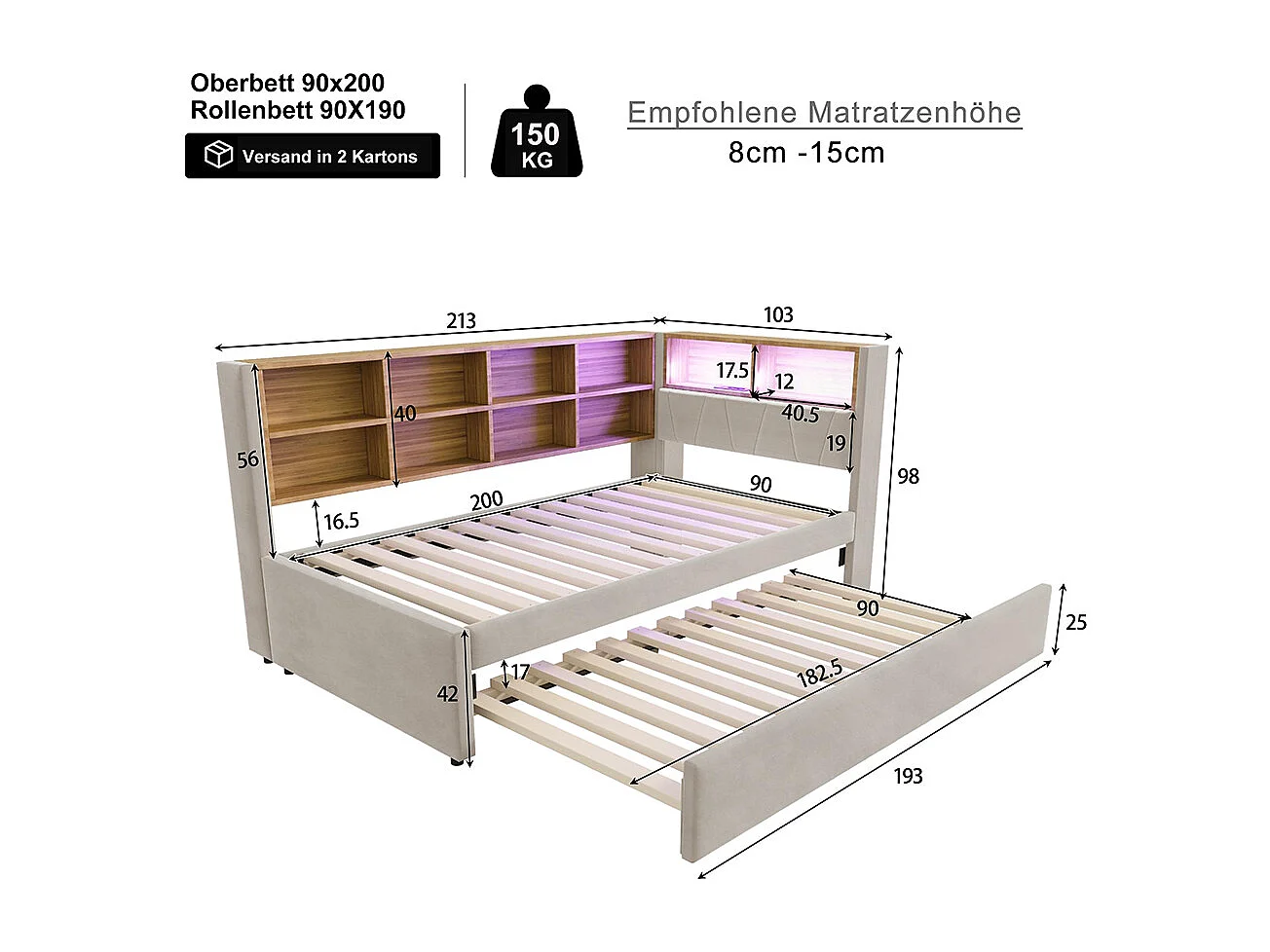 Lit gigogne 90x200 et 90x190 avec prise USB et nombreux compartiments de rangement lit rembourré multifonction Gris clair