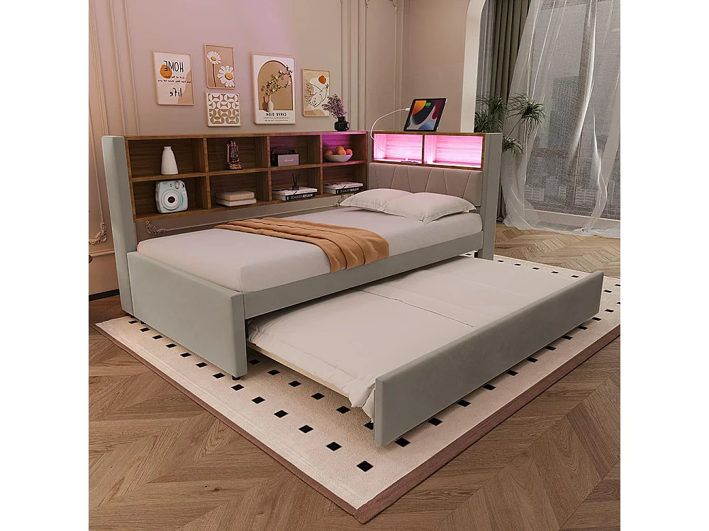 Lit gigogne 90x200 et 90x190 avec prise USB et nombreux compartiments de rangement lit rembourré multifonction Gris clair