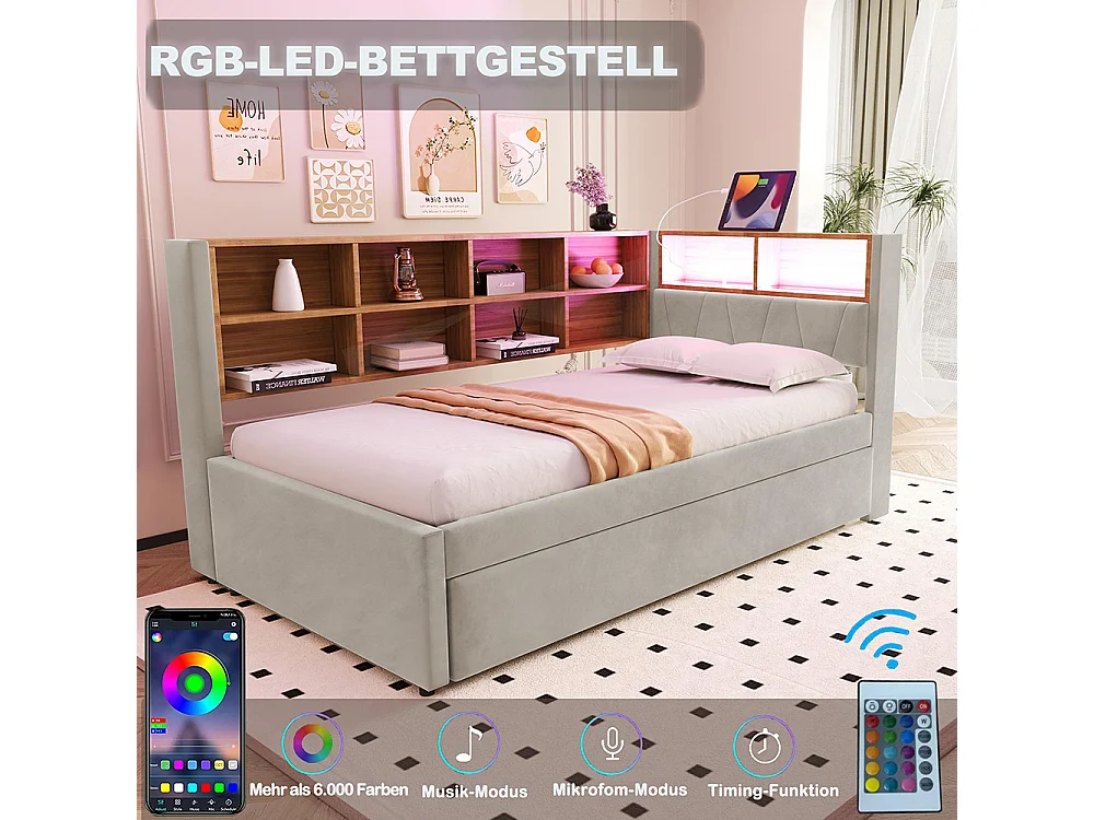 Lit gigogne 90x200 et 90x190 avec prise USB et nombreux compartiments de rangement lit rembourré multifonction Gris clair