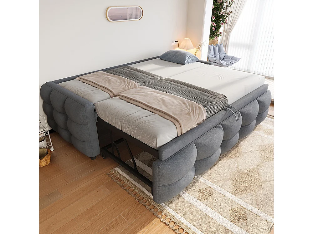 Lit gigogne 90/180x190 pouf tissu velours teddy lit simple lit double avec sommier à lattes lit multifonction Gris