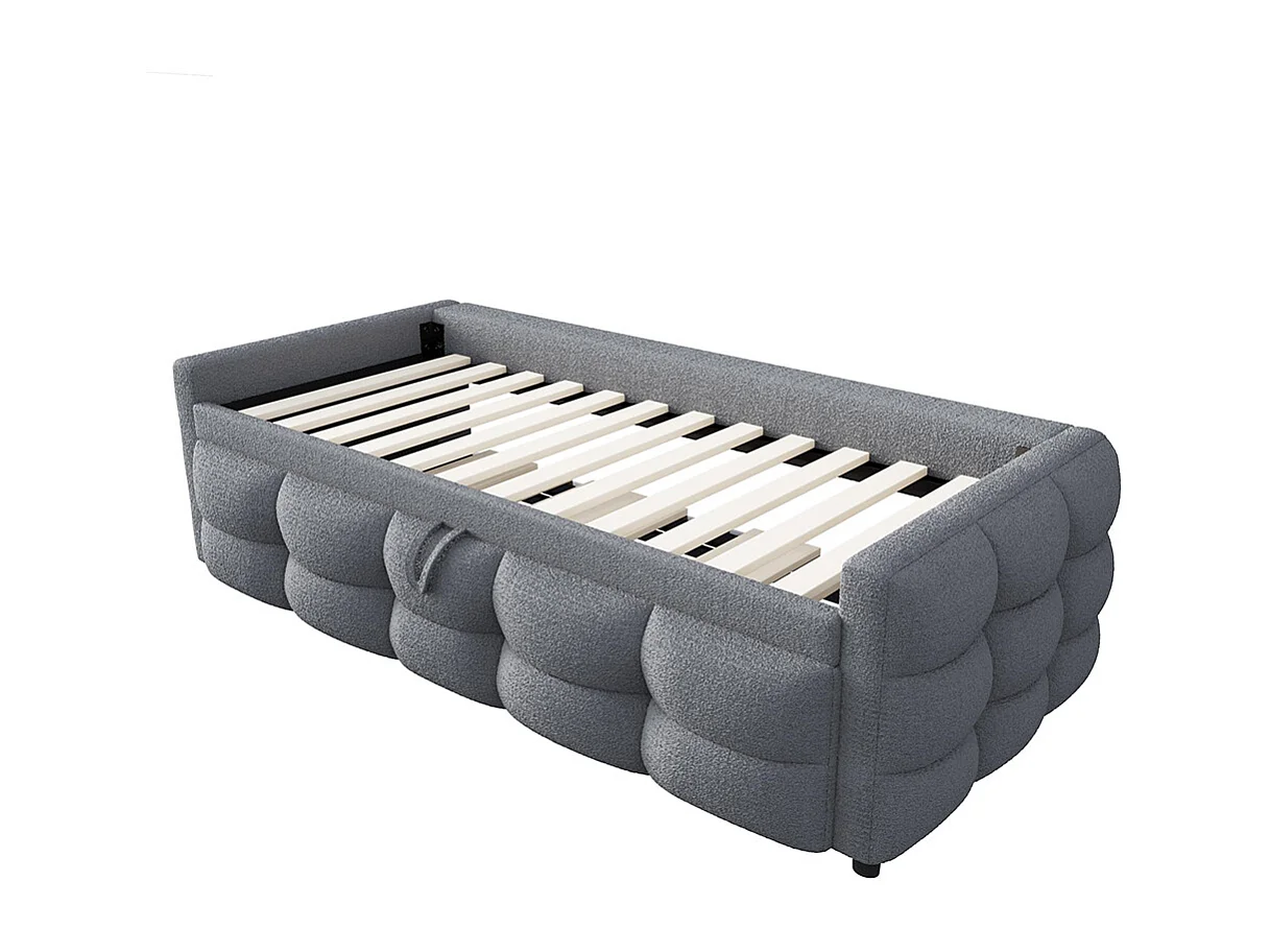 Lit gigogne 90/180x190 pouf tissu velours teddy lit simple lit double avec sommier à lattes lit multifonction Gris