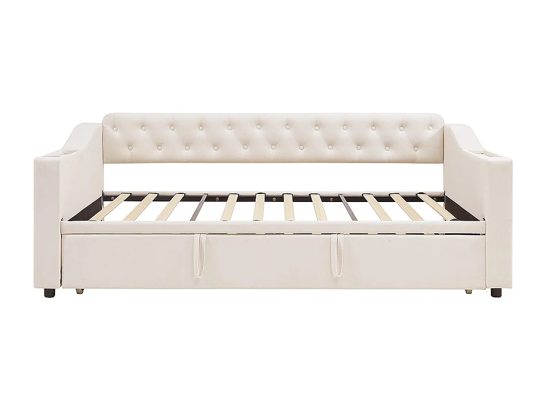 Lit gigogne 90/180x190 accoudoirs plus larges et plus épais avec port de chargement USB avec poches de rangement Velours Beige