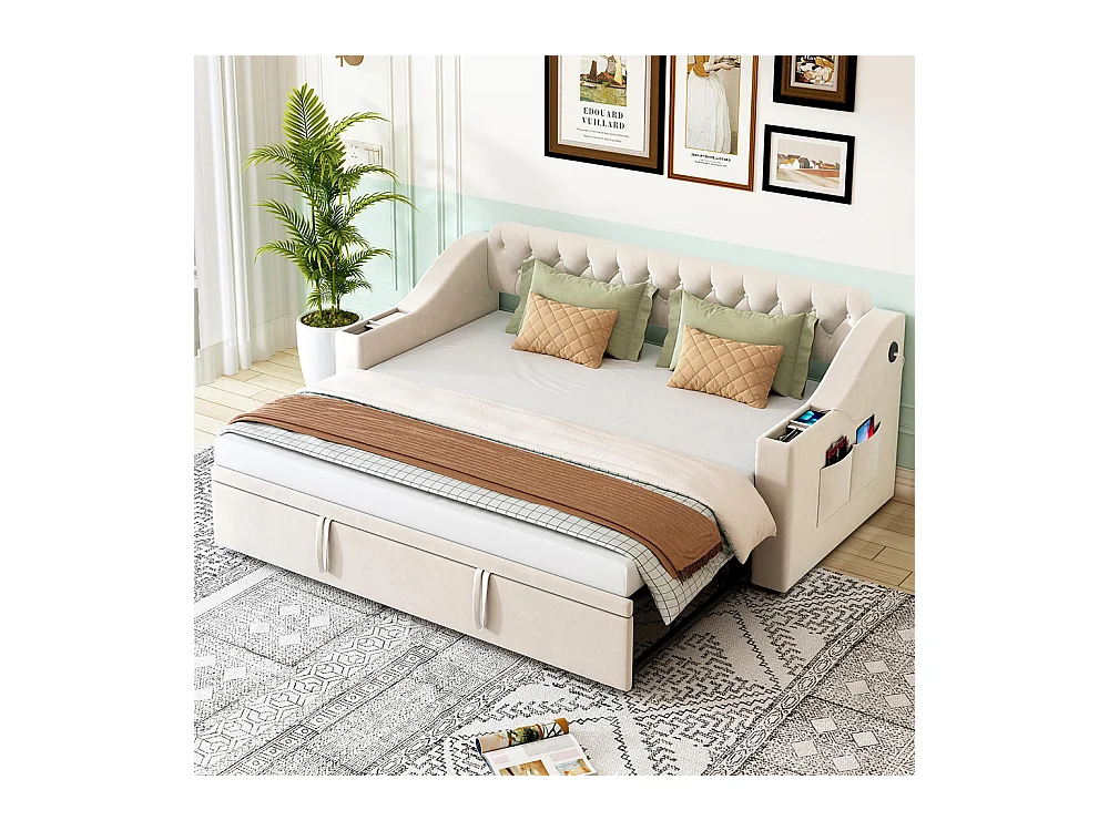 Lit gigogne 90/180x190 accoudoirs plus larges et plus épais avec port de chargement USB avec poches de rangement Velours Beige
