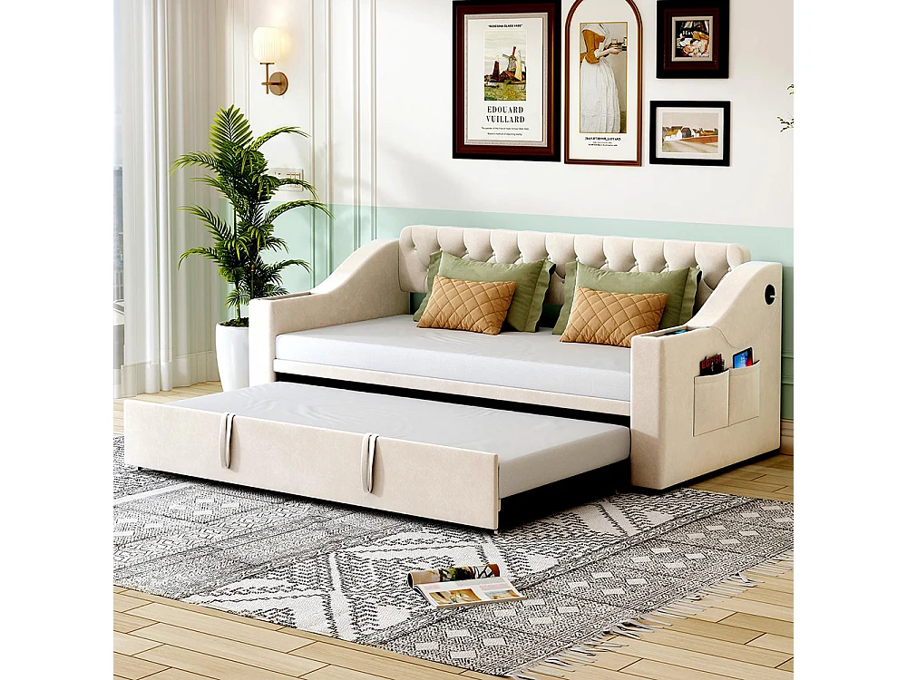 Lit gigogne 90/180x190 accoudoirs plus larges et plus épais avec port de chargement USB avec poches de rangement Velours Beige