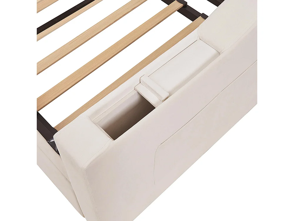 Lit gigogne 90/180x190 accoudoirs plus larges et plus épais avec port de chargement USB avec poches de rangement Velours Beige