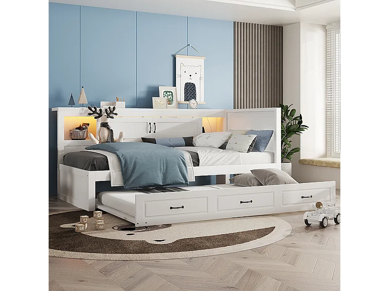 Lit gigogne 90x200 éclairage d'ambiance télécommandé compartiment de rangement côté lit lit extensible prise + USB Blanc