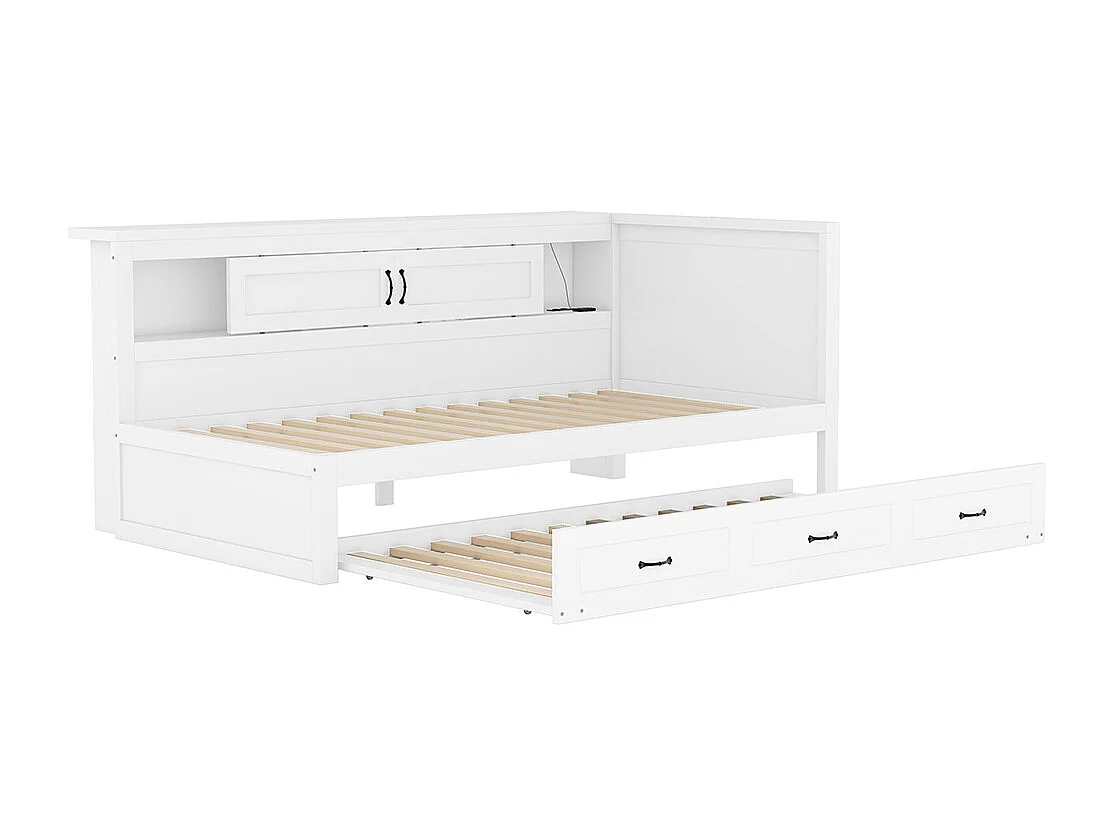 Lit gigogne 90x200 éclairage d'ambiance télécommandé compartiment de rangement côté lit lit extensible prise + USB Blanc