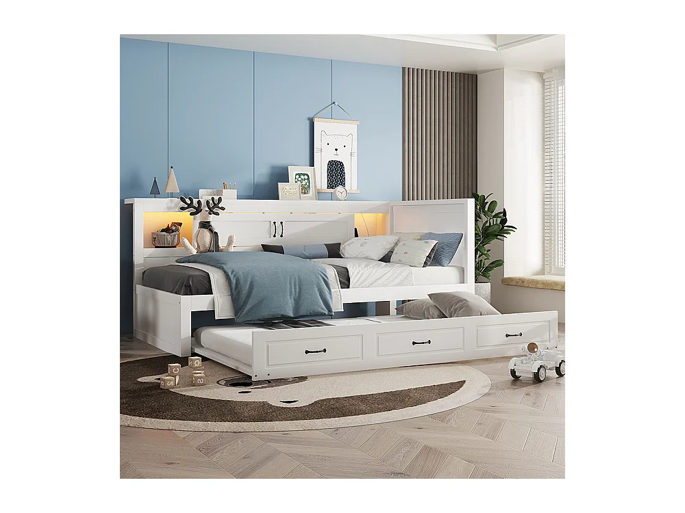 Lit gigogne 90x200 éclairage d'ambiance télécommandé compartiment de rangement côté lit lit extensible prise + USB Blanc