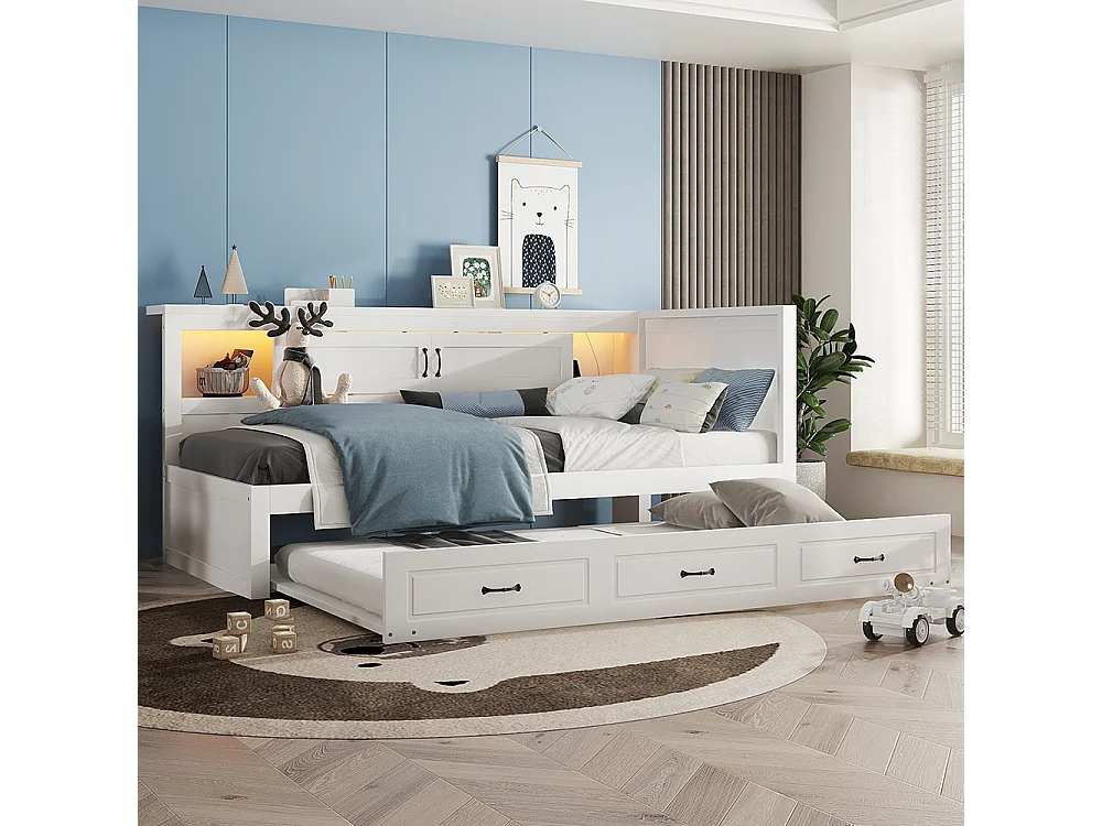 Lit gigogne 90x200 éclairage d'ambiance télécommandé compartiment de rangement côté lit lit extensible prise + USB Blanc