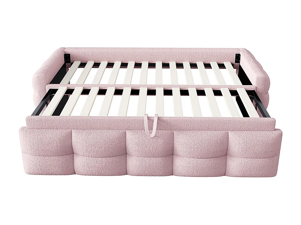 Lit gigogne 90/180x190 pouf tissu velours Teddy lit simple lit double avec sommier à lattes lit multifonction Rose