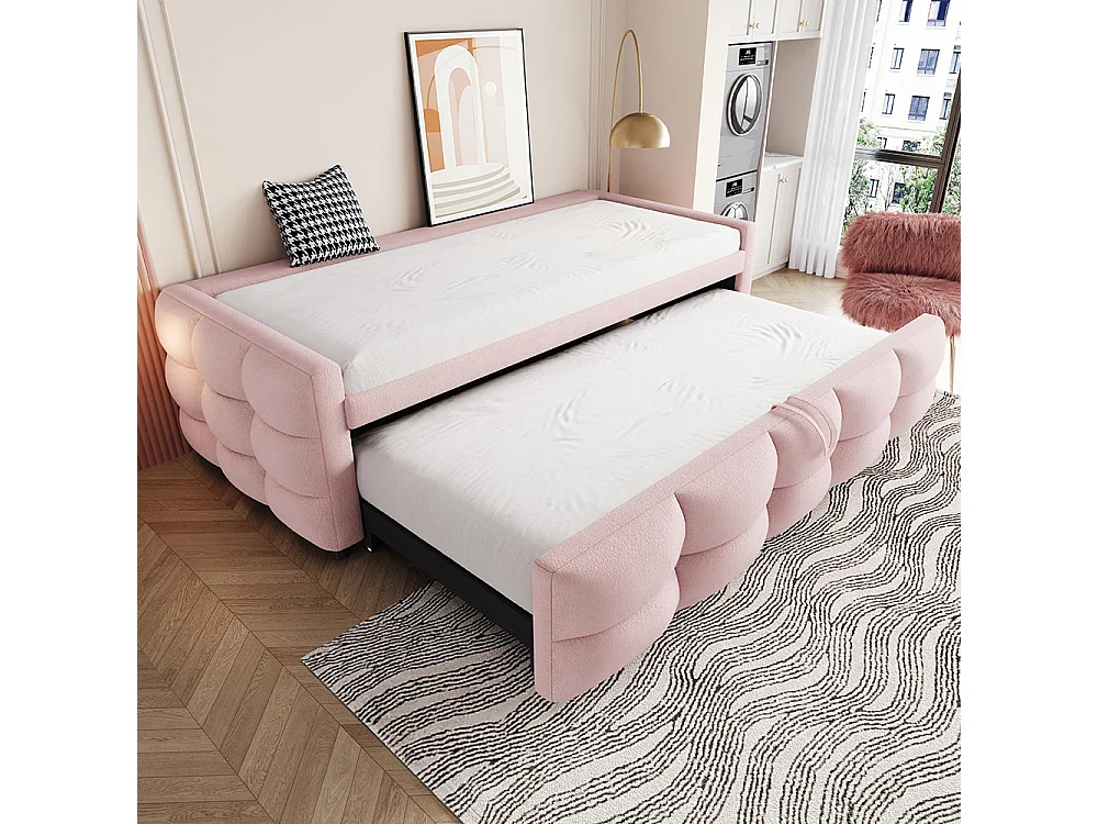 Lit gigogne 90/180x190 pouf tissu velours Teddy lit simple lit double avec sommier à lattes lit multifonction Rose
