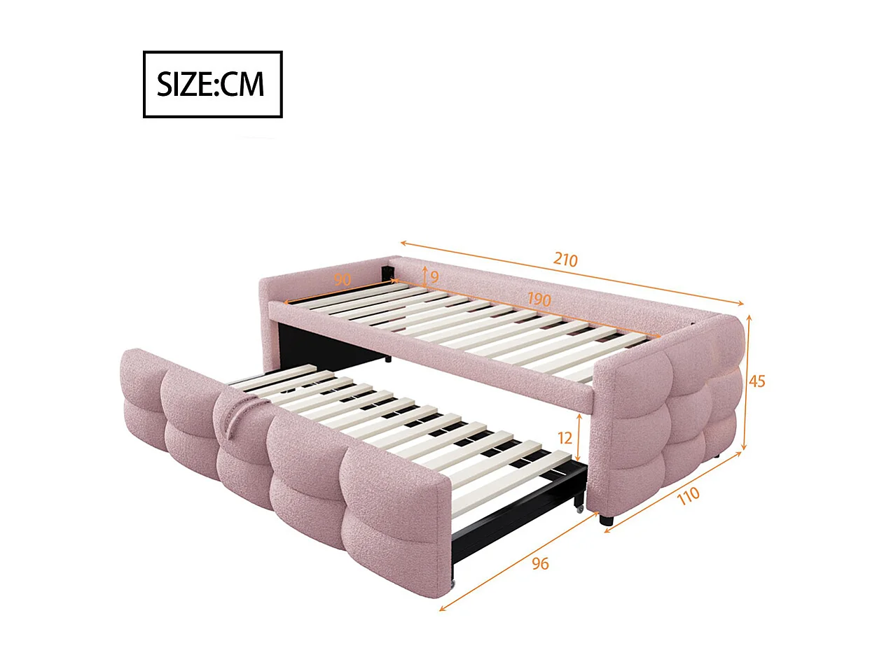 Lit gigogne 90/180x190 pouf tissu velours Teddy lit simple lit double avec sommier à lattes lit multifonction Rose
