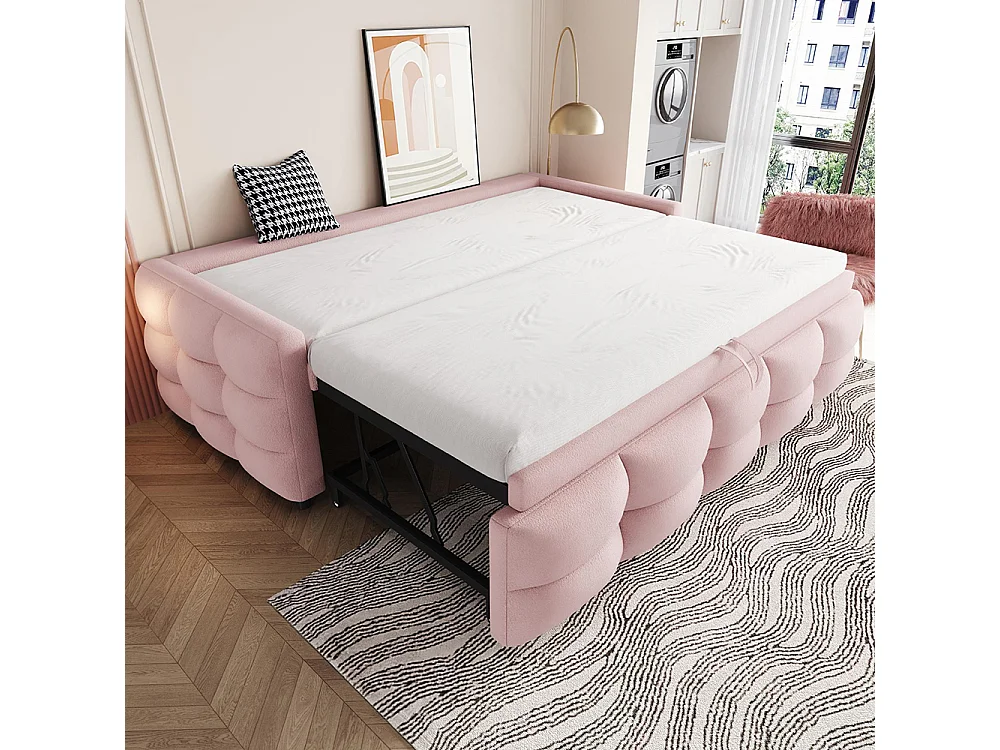 Lit gigogne 90/180x190 pouf tissu velours Teddy lit simple lit double avec sommier à lattes lit multifonction Rose