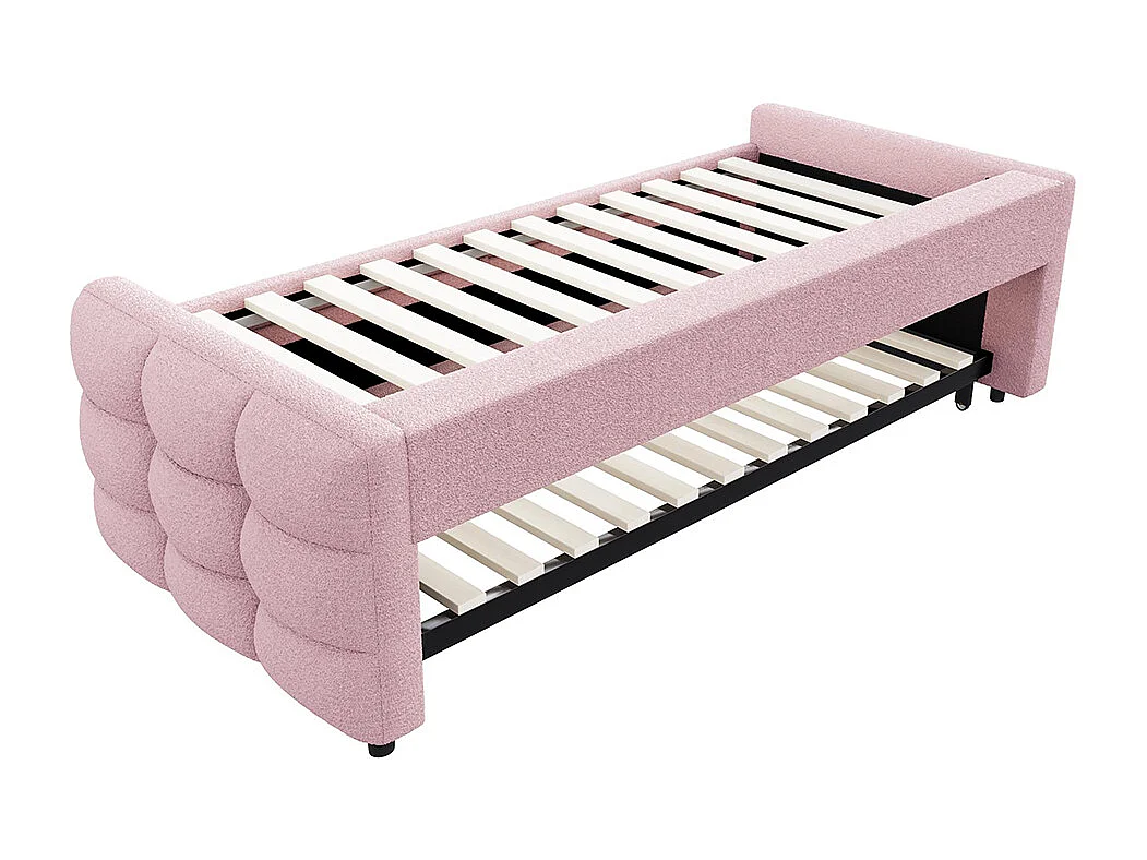 Lit gigogne 90/180x190 pouf tissu velours Teddy lit simple lit double avec sommier à lattes lit multifonction Rose