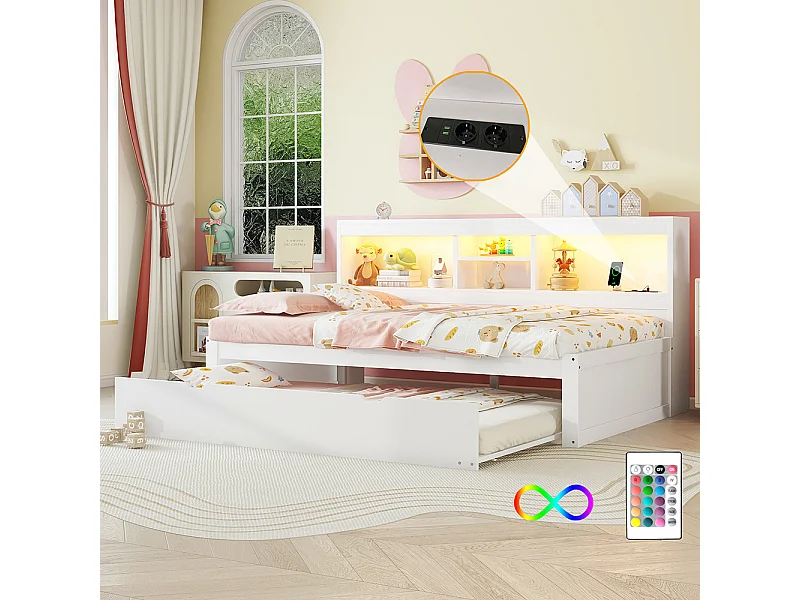 Lit gigogne 90x200 éclairage d'ambiance télécommandé compartiment de rangement côté lit prise+USB Blanc