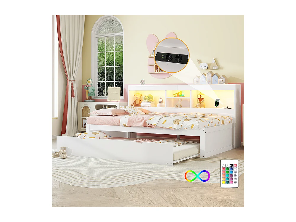 Lit gigogne 90x200 éclairage d'ambiance télécommandé compartiment de rangement côté lit prise+USB Blanc