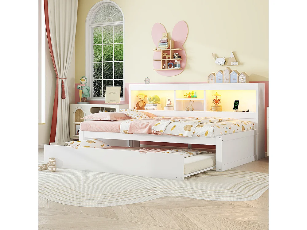 Lit gigogne 90x200 éclairage d'ambiance télécommandé compartiment de rangement côté lit prise+USB Blanc