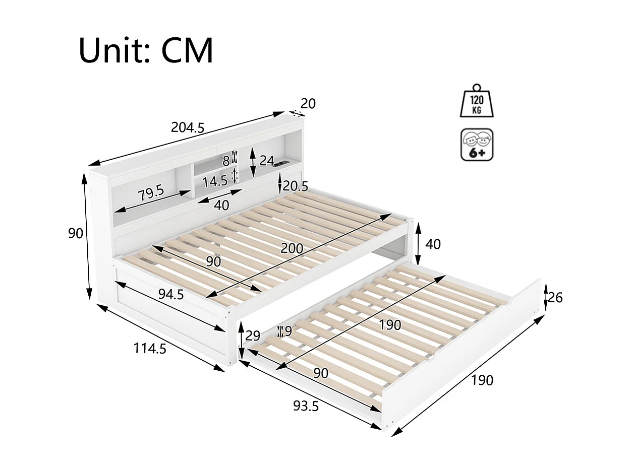Lit gigogne 90x200 éclairage d'ambiance télécommandé compartiment de rangement côté lit prise+USB Blanc