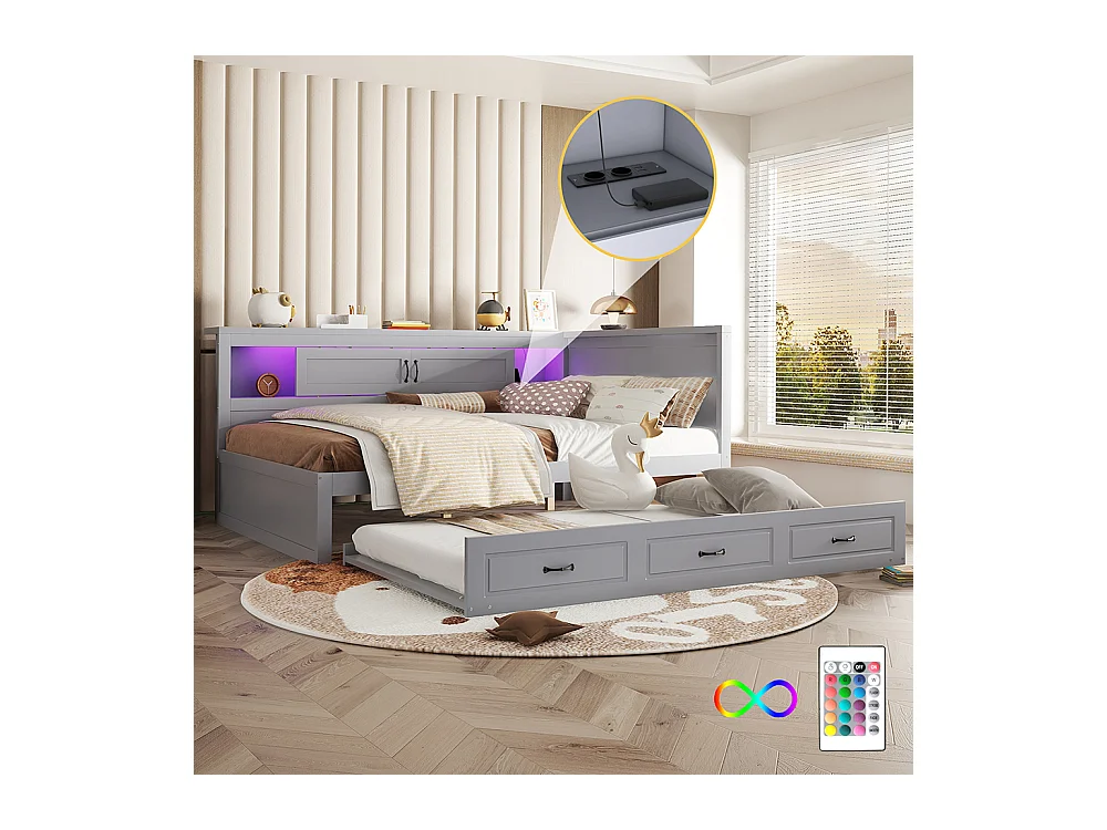 Lit gigogne 140x200 éclairage d'ambiance télécommandé compartiment de rangement côté lit lit extensible prise + USB Gris