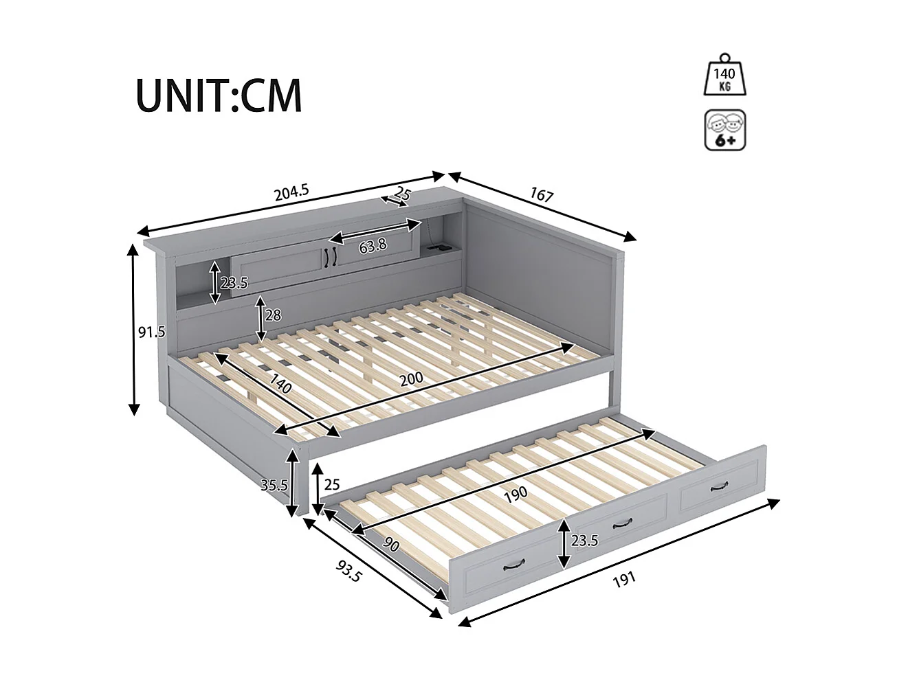 Lit gigogne 140x200 éclairage d'ambiance télécommandé compartiment de rangement côté lit lit extensible prise + USB Gris