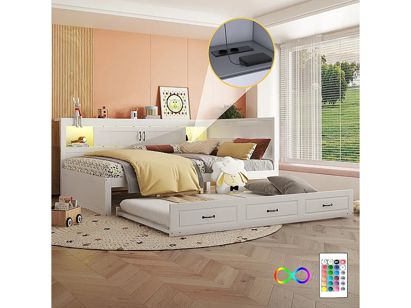Lit gigogne 140x200 éclairage d'ambiance télécommandé compartiment de rangement côté lit lit extensible prise + USB Blanc