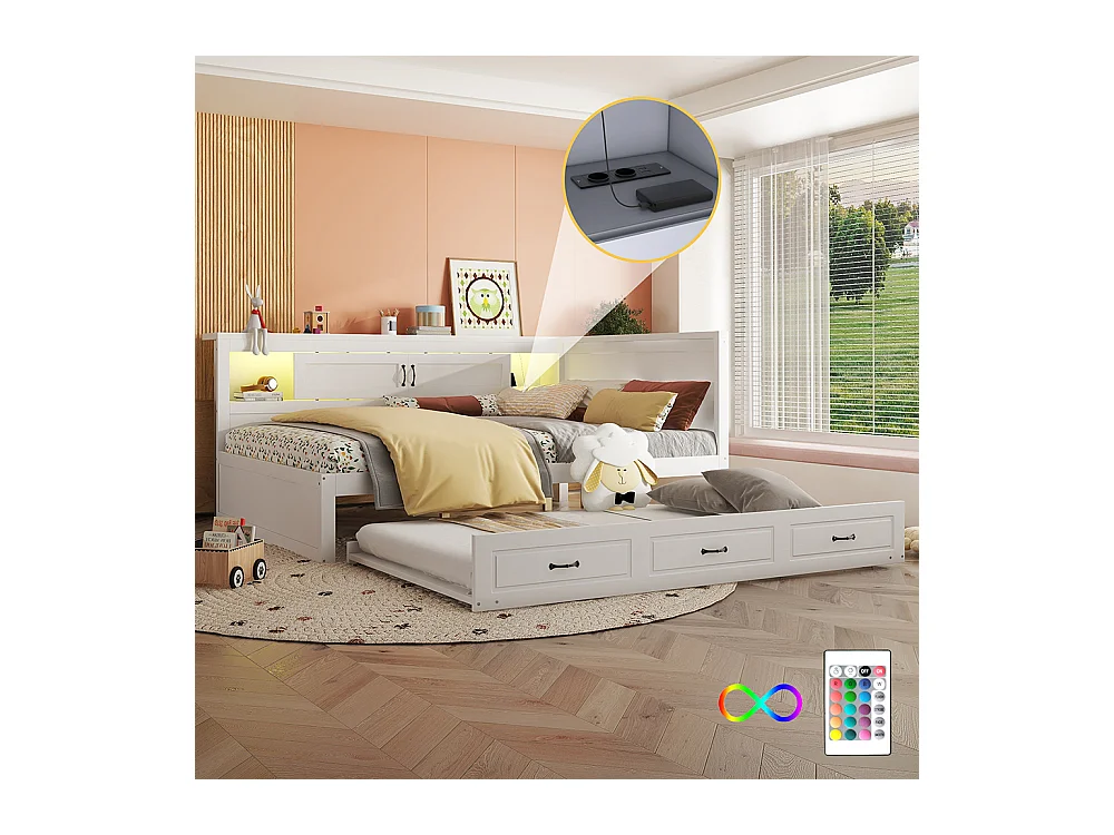 Lit gigogne 140x200 éclairage d'ambiance télécommandé compartiment de rangement côté lit lit extensible prise + USB Blanc