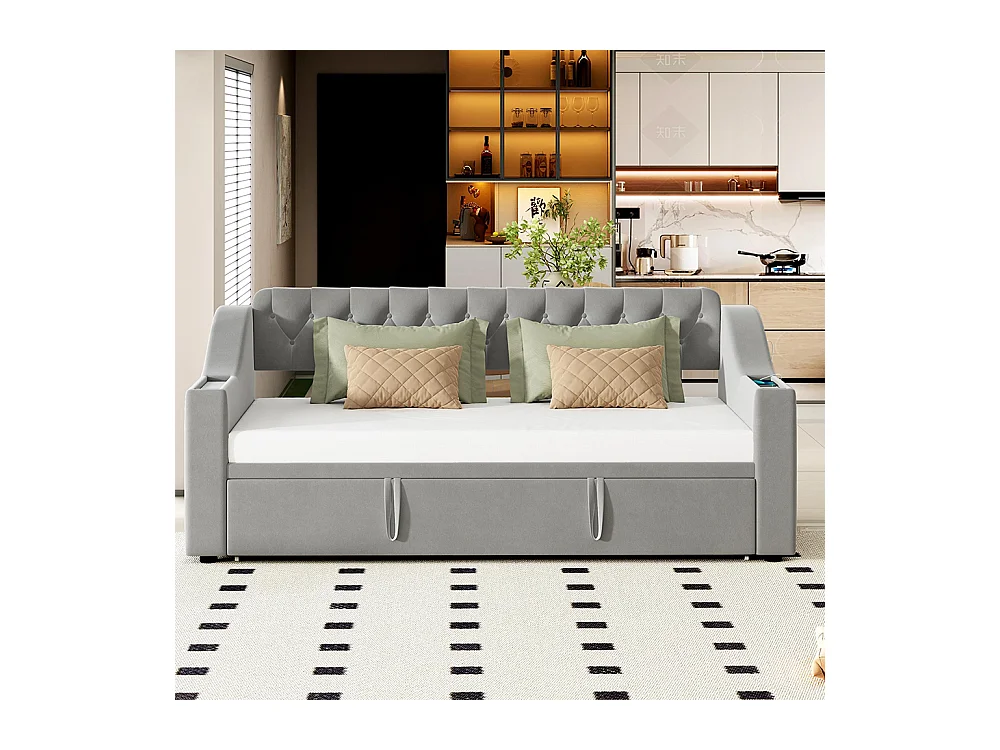 Lit gigogne 90/180x190 accoudoirs plus larges et plus épais avec port de chargement USB avec poches de rangement Velours Gris