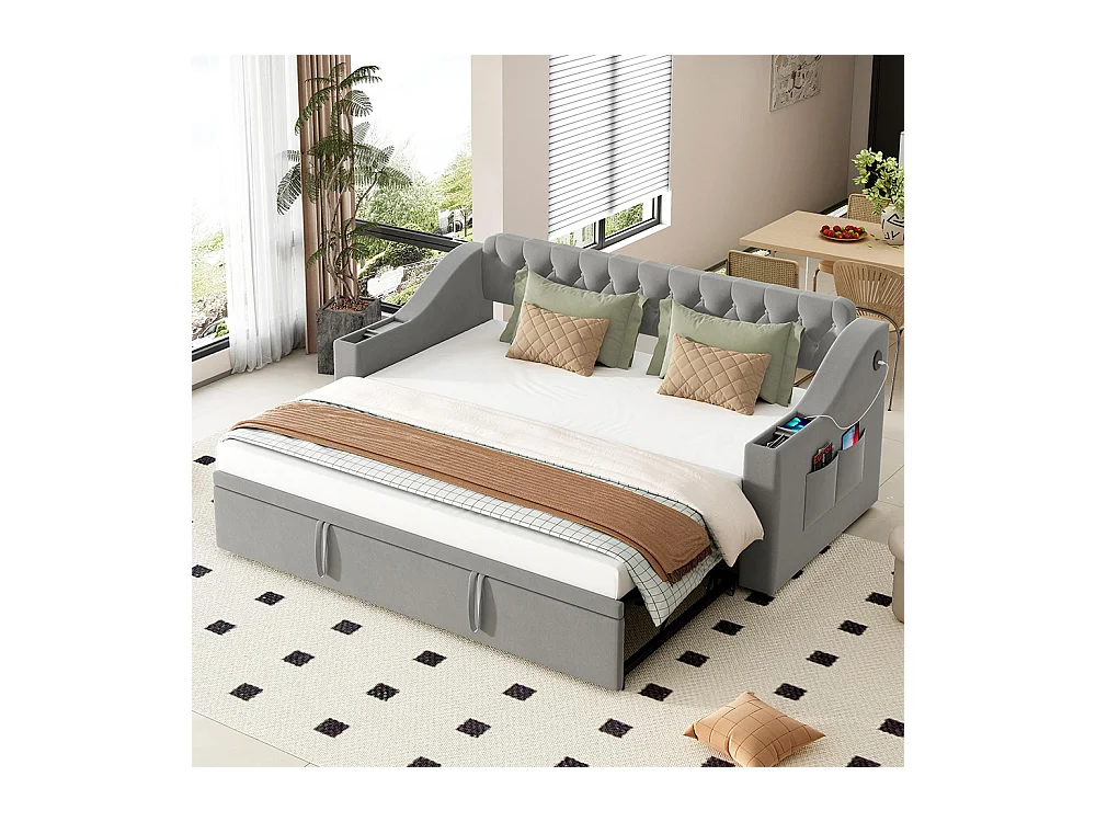 Lit gigogne 90/180x190 accoudoirs plus larges et plus épais avec port de chargement USB avec poches de rangement Velours Gris