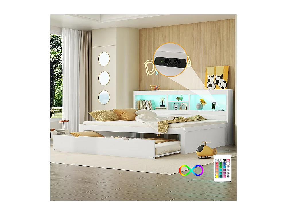 Lit gigogne 140x200 éclairage d'ambiance télécommandé compartiment de rangement côté lit prise+USB Blanc