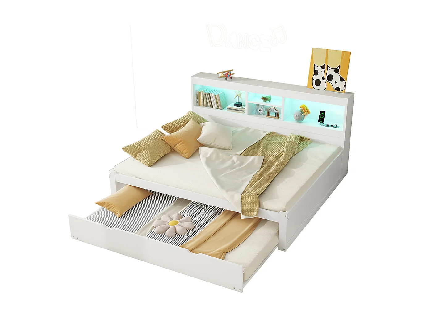 Lit gigogne 140x200 éclairage d'ambiance télécommandé compartiment de rangement côté lit prise+USB Blanc