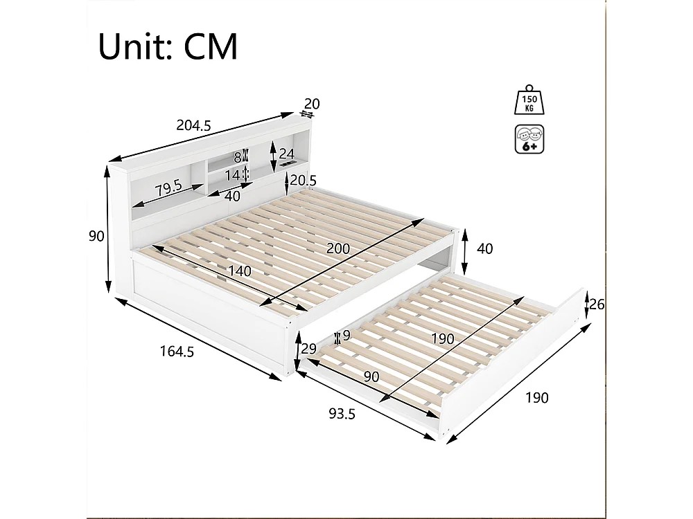 Lit gigogne 140x200 éclairage d'ambiance télécommandé compartiment de rangement côté lit prise+USB Blanc