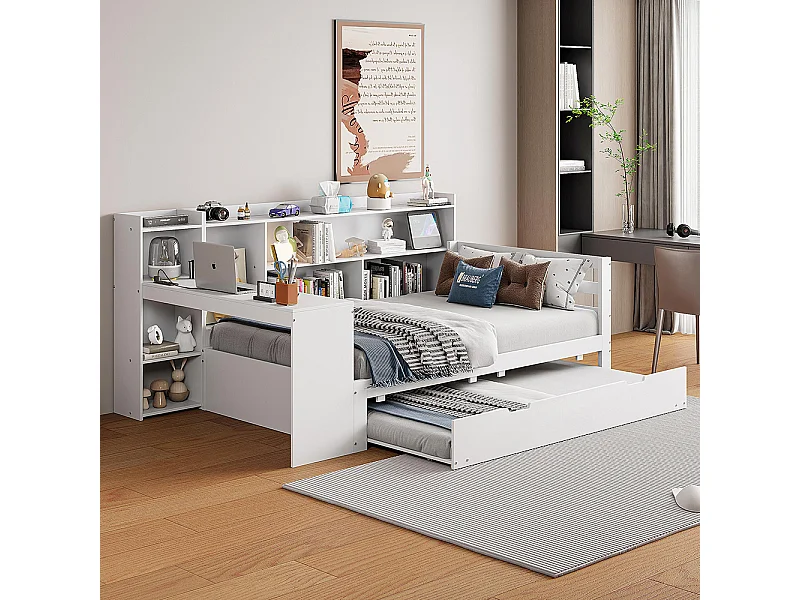 Lit gigogne 90x200 avec bureau étagères compartiments de rangement et étagères avec prises de courant lit simple en bois Blanc