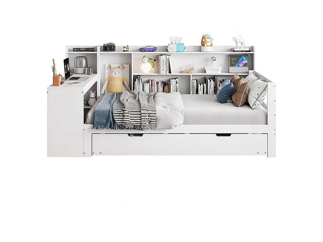 Lit gigogne 90x200 avec bureau étagères compartiments de rangement et étagères avec prises de courant lit simple en bois Blanc