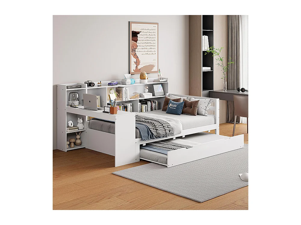 Lit gigogne 90x200 avec bureau étagères compartiments de rangement et étagères avec prises de courant lit simple en bois Blanc