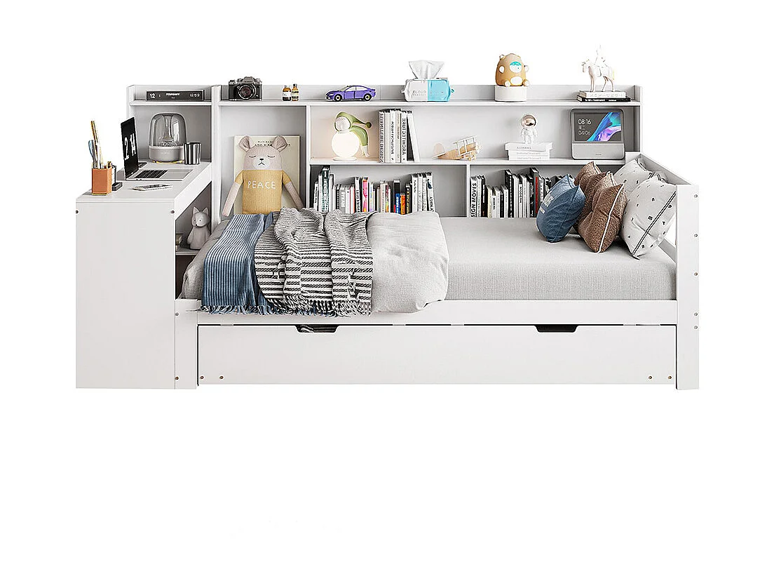 Lit gigogne 90x200 avec bureau étagères compartiments de rangement et étagères avec prises de courant lit simple en bois Blanc