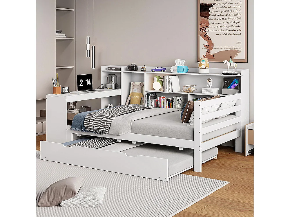 Lit gigogne 90x200 avec bureau étagères compartiments de rangement et étagères avec prises de courant lit simple en bois Blanc