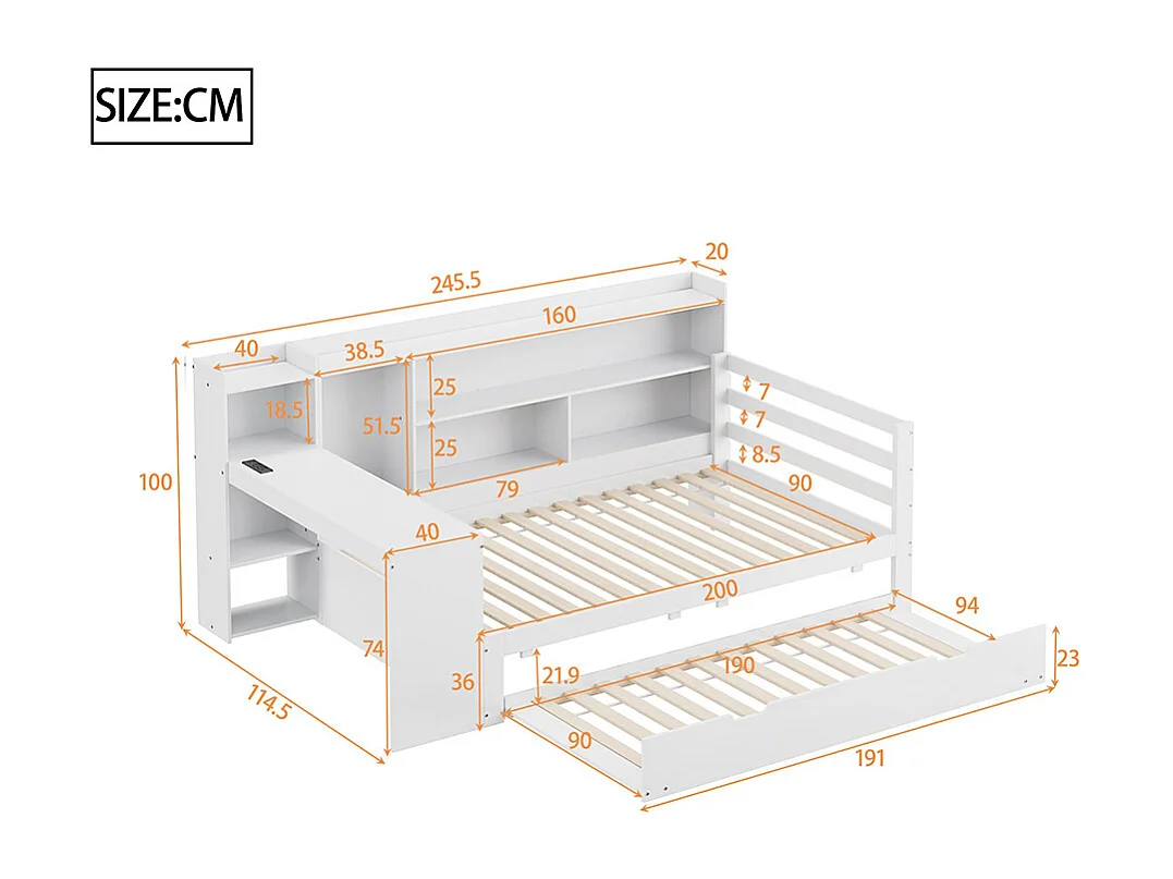 Lit gigogne 90x200 avec bureau étagères compartiments de rangement et étagères avec prises de courant lit simple en bois Blanc