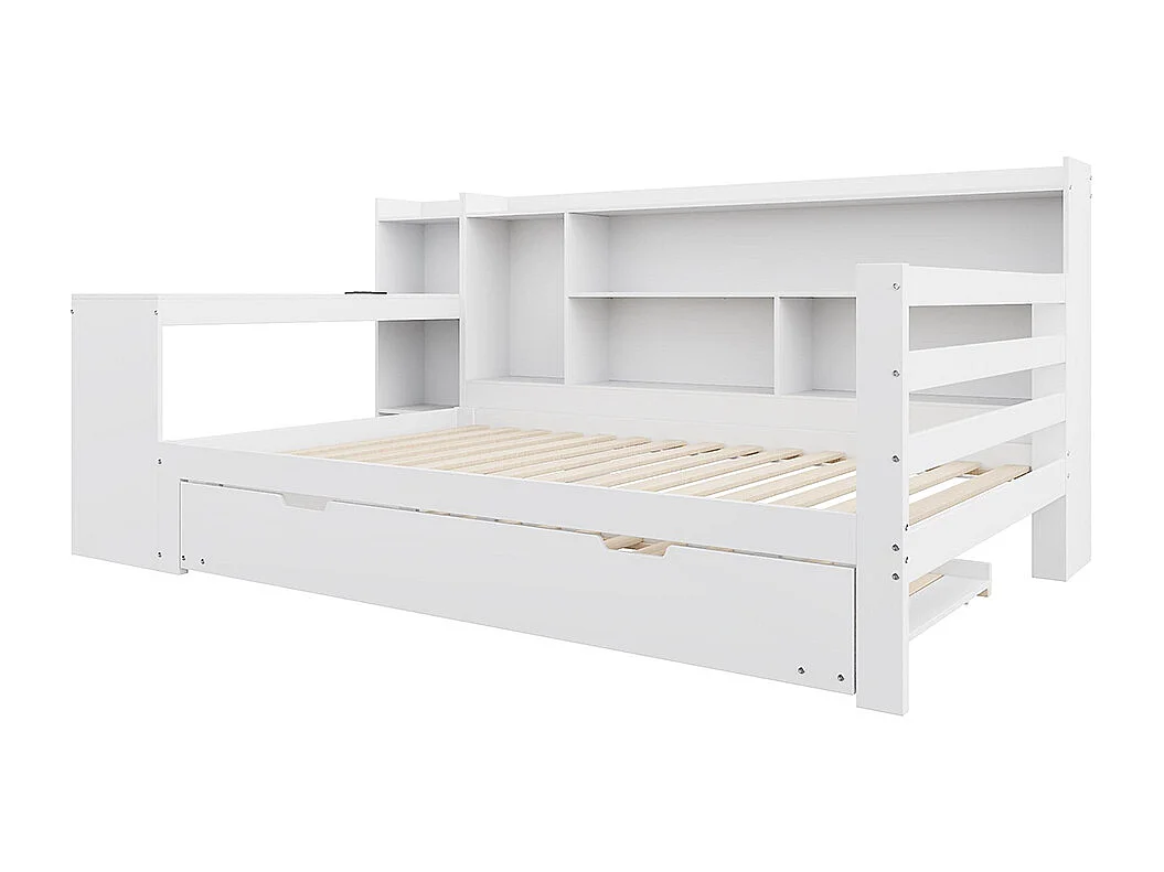 Lit gigogne 90x200 avec bureau étagères compartiments de rangement et étagères avec prises de courant lit simple en bois Blanc